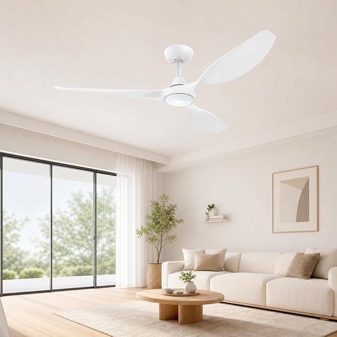 Roomratv Ceiling Fans with Lights and Remote Control,Quiet Noiseless Reversible DC Motor,6 Speeds,Timers, 3 CCT, Indoor Use, Plastic Blades,52 Inch White Modern Ceiling Fan for Bedroom Living Room