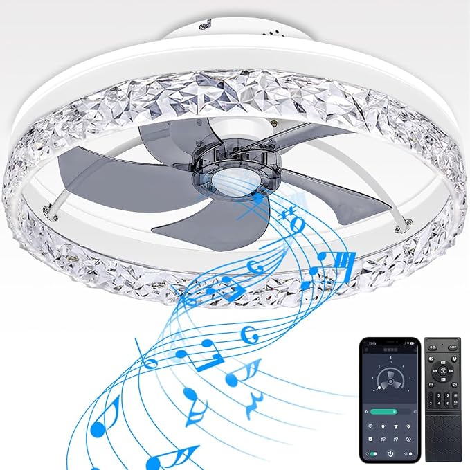 Low Profile Flush Mount Ceiling Fan with Light and Bluetooth Speaker, Smart Ceiling Fan with 6 Speeds, Reversible Airflow, APP/Remote Control for Bedroom