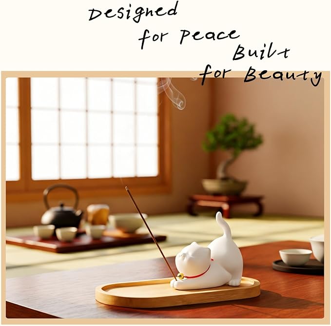Cute Ceramic Cat Incense Holder Set with Bamboo Ash Tray and Sticks, Handmade Cat Incense Burner Incense Holder for Sticks for Yoga Spa Meditation Massage Home Office Desk Decor Zen Space Gifts