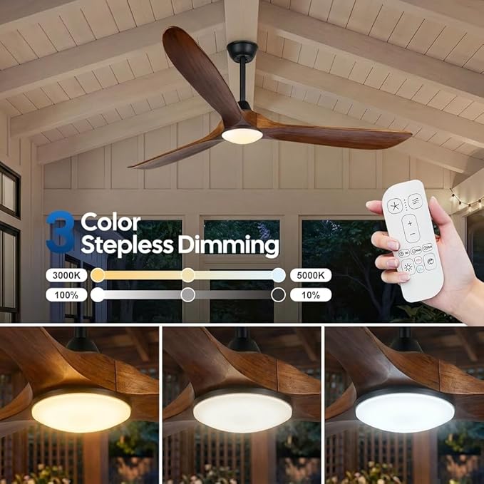 70 inch Large Ceiling Fan with Lights, Outdoor Ceiling Fan for Patio Damp Rated, 3 Blades Propeller Wood Ceiling fans with light, Reversible Quiet DC Motor for Exterior Porch Farmhouse Gazebo