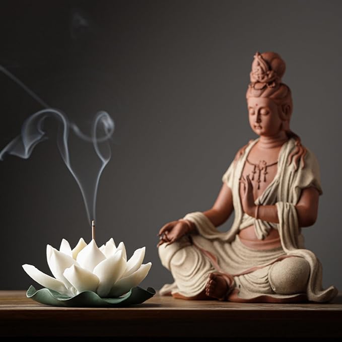Lotus Incense Holder for Mosquitos - White Ceramic Bloom with Leaf Tray, Aromatherapy Decor, Meditation Gift Set, Zen Home Office Desk Altar Decor (Handmade, Ash Catcher, Unique Holiday Present)