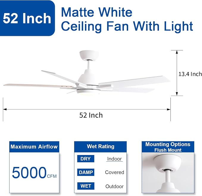 Sevenine 52 Inch Downrod White Ceiling Fan with Light & Remote, ETL Listed | 6 Speed, Quiet DC Motor, 3-Level Timer Function, 3 Color Temperature, Forward/Reserve For all Seasons, Indoor/Covered Outdoor