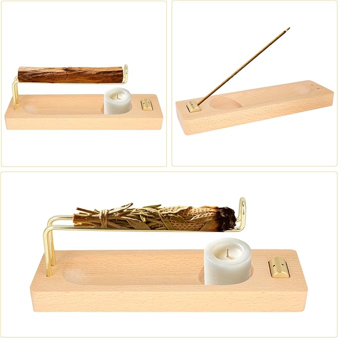 4 in 1 Palo Santo Sage Burner Holder, Wood Incense Sticks & Candle Holder for Burning for Yoga Smudging Lasting Burn Ash Catcher Home Decor & Gift Easy Installation