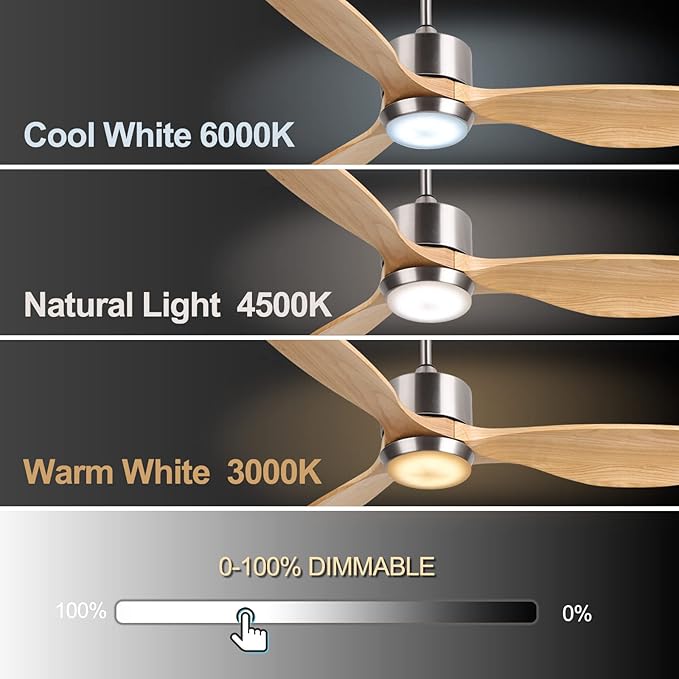 Ovlaim 52 Inch Wood Ceiling Fan with Light, Quiet DC Motor, Smart 6-Speed | 30dB Quiet, Light Wood Blades, 3-Color Dimmable, Memory Function, Reversible Motor, Bedroom Living Room