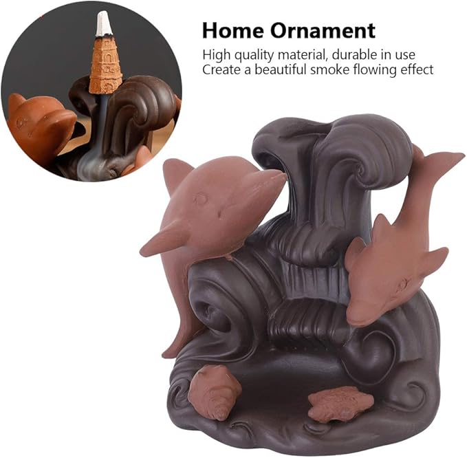 Backflow Incense Waterfall Burner, Cute Cone Holder Dolphin Decor Purple Clay Smoke Fountain Aromatherapy Ornamental with 10 Incense Cone Gift for Home Room Office Desk Indoor Meditation Yoga