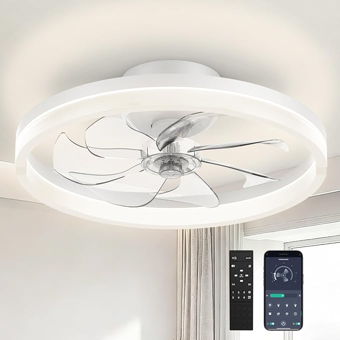 20 Inch Ceiling Fans with Lights and Remote, Flush Mount Low Profile Ceiling Fan with Light,3000K-6500K Dimmable,Modern LED Fandelier Ceiling Fan for Bedroom Living Room (White)