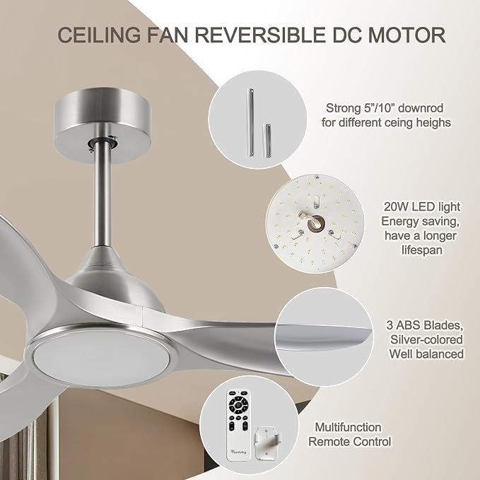 52 Inch Modern 3 Blade Silver Ceiling Fan with Lights Remote Control | Quiet DC Motor, 6 Speed High CFM, Indoor Ceiling Fan for Bedroom, Office, Living Room