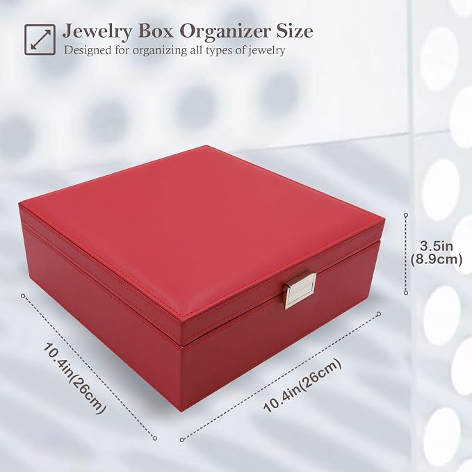 ProCase 2 Layers Jewelry Box for Women -Red | Large Leather Jewelry Organizer Storage Case with Removable Pad for Earrings