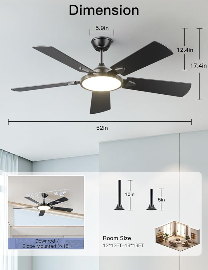 OJX Ceiling Fans with Lights, 52 inch Ceiling fan with Light and Remote/APP Control, 3CCT, Quiet DC Reversible, Dimmable, Modern Ceiling Fan for Bedroom, Living Room, Kitchen, Indoor/Outdoor Use