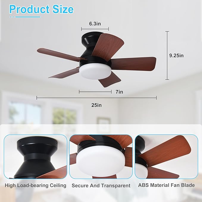 Depuley Modern Ceiling Fan with Light: 25-Inch Black Small Fans for Bedroom Indoor Outdoor - Dimmable Low Profile Ceiling Fans with Remote Control Flush Mount 5 Reversible Walnut Blades 6 Speeds Timer