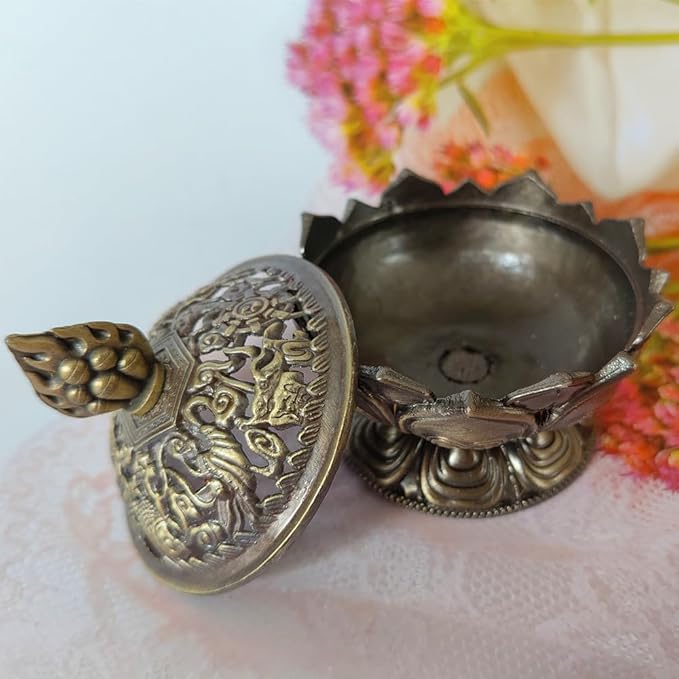 Lotus Flower Cone Incense Burner, Classic Metal Mini Vintage Charcoal Incenses Burner Holder for Stick (Bronze)