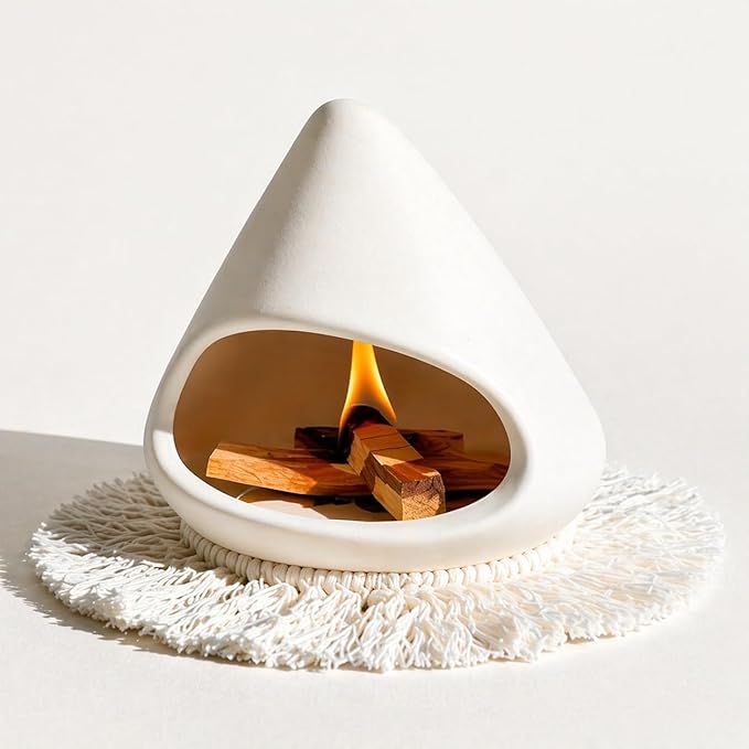 Ceramic Palo Santo Holder Burner,Incense Cone Holder,Mini Chiminea for Palo Santo Sticks and Sage Burner,with Handmade Heat Insulated Mat,Dust Brush,Metal Tweezer. (White)