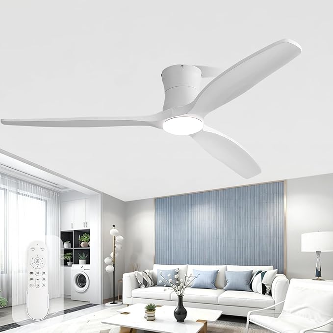 Sofucor 52 Inch Low Profile Ceiling Fan with Lights and Remote | Outdoor Modern Flush Mount, 6-Speed 3-CCT with Timer, 3 Wood Blades, For Bedroom Living Room Patios