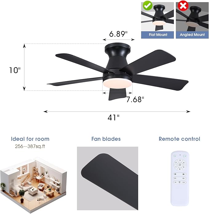 41" Modern Black Low Profile Ceiling Fans with Lights and Remote | Flush Mount ,Super Large Airflow with 6 Wind Speeds, Reversible, Dimmable 3 CCT LED, 30W DC Motor,Suits for Bedroom Kidsroom