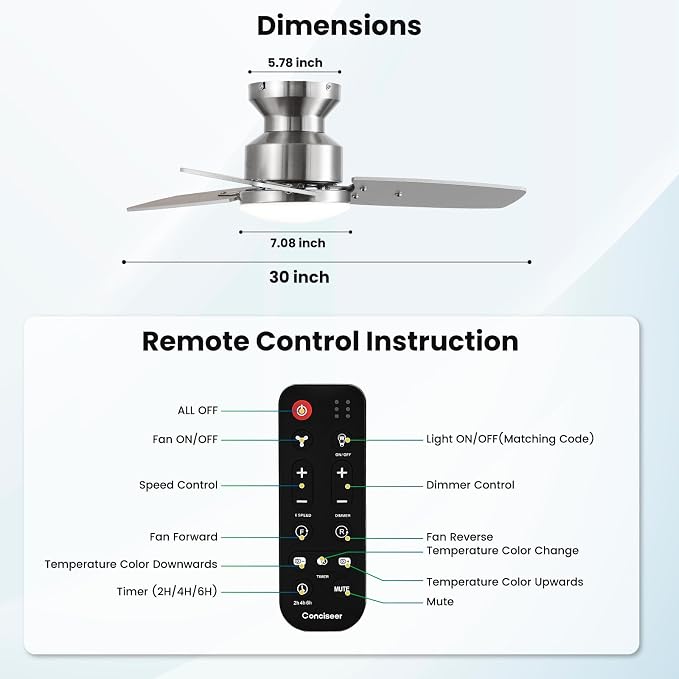 30 Inch Ceiling Fans with Lights and Remote, Bedroom Living Room Office, Flush Mount, 6CCT Dimmable, Dual Color 3 Blades 6 Speed Reversible Quiet DC Motor, Sand-Nickel/Wood Grain