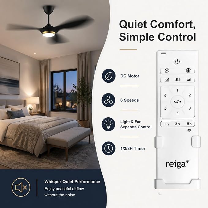 reiga 52 Inch Black Modern Ceiling Fans with Lights and Remote Control, Smart WiFi 3 Blades Quiet DC Motor for Living Room Bedroom Patio Garage, ETL Listed