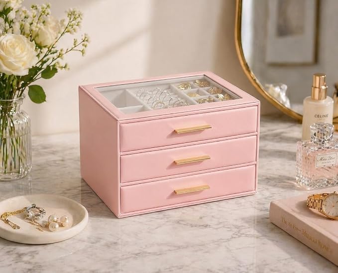 GUOER Jewelry Box for Women, Glass Lid Jewelry Organizer with 3 Drawers PU Jewelry Storage Case for Necklaces Rings Earrings Bracelets (Pink)
