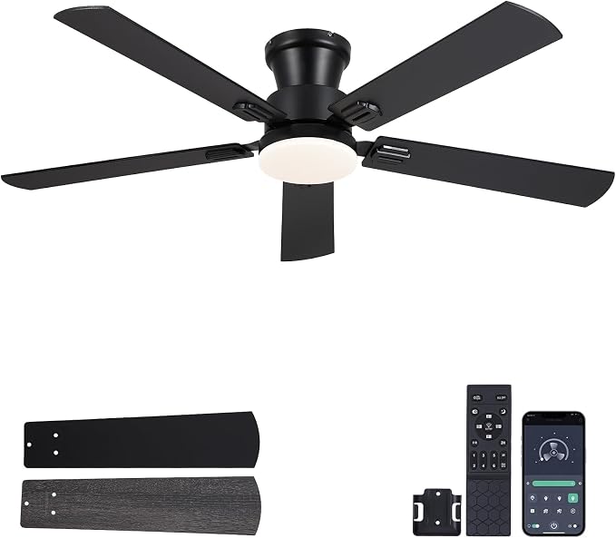NKPU 52" Ceiling Fans with Lights, Low Profile Ceiling Fan with Light and Remote/APP Control, 6 Speed, Dimmable, Safe Quiet DC Motor, Black Flush Mount Ceiling Fan for Bedroom Indoor/Outdoor Use