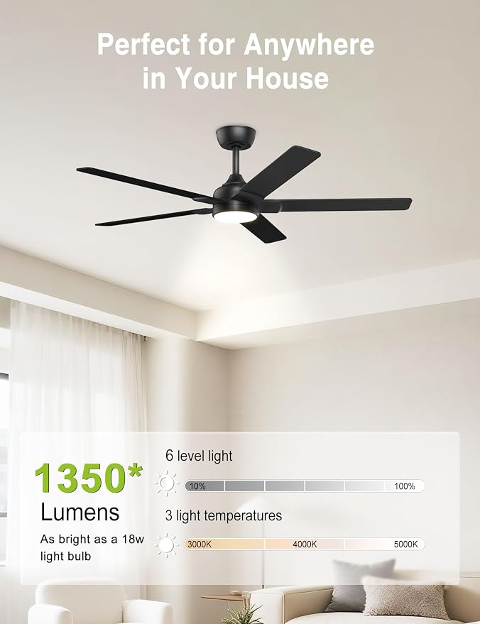 DAMINY 52 inch Black Ceiling Fans with Lights,5 Blades,3CCT, Low Profile,Remote Control,for Bedroom, Kitchen,Living Room,Indoor/Outdoor Use,Downrod