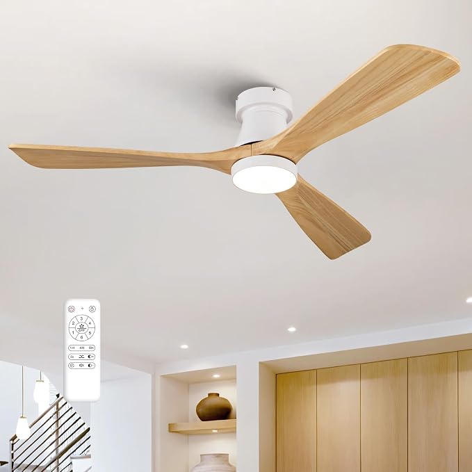 52 Inch Ceiling Fan with Lights, Remote Control, Flush Mount, Dimmable, Reversible, Wood Blades, Power-Off Memory, Quiet DC Motor, Modern Hugger Ceiling Fan for Living Room, Bedroom, Patio