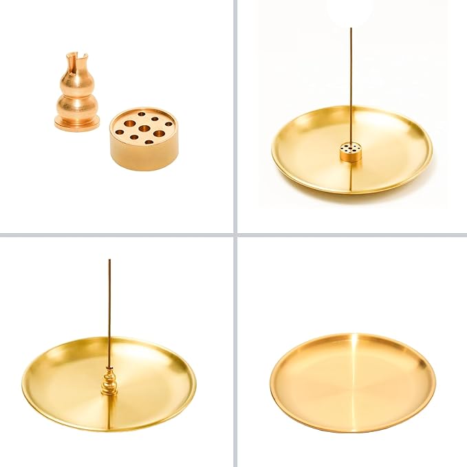 3 in 1 Incense Burner, 5.51 Inch Incense Holder Set for Incense Sticks, Coil Incense and Incense Cones, Multi-Functional, Brass Ash Catcher, Gourd-Shaped Tray（Gold）