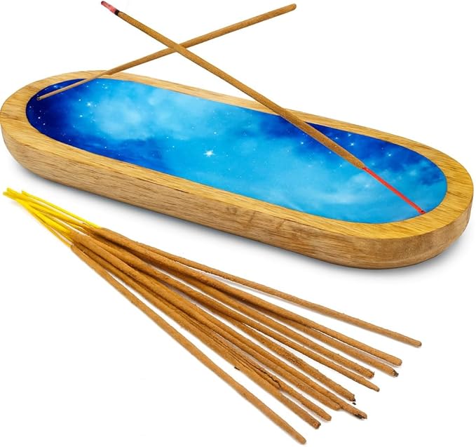 TOSQP27 Incense Burner Holder Ash Catcher for Sticks, Home Incent Burner Wooden Handmade Modern Gift Wood Decor – Blue Resin Art Tray | for Aromatherapy, Meditation, Yoga & Home Fragrance Decorative