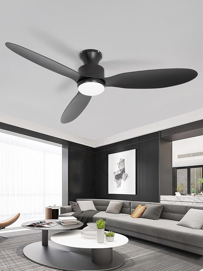 Flush Mount Ceiling Fan with Light and Remote, 52 inch Low Profile Ceiling Fans with Remote, 3 Color Light, 6 Speed, DC Motor, (ABS, Classic Black)