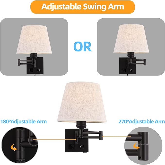 Bedside Wall Mount Light with Dimmable Switch and Outlet, Swing Arm Fabric Shade Wall Sconce Light with USB Port and Plug in Cord, Black Wall Lamp for Bedroom, Living Room and Hotel