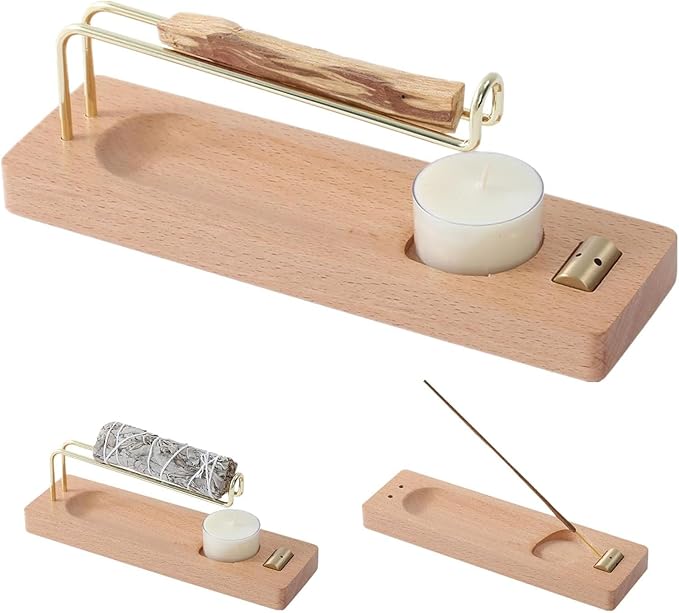 4 in 1 Incense Holder Suit with Wooden Base and Brass Holder, for Burning Palo Santo, Sage Sticks, Holy Wood, Multi-Functional with Ash Catcher and Tealight Candle Holder