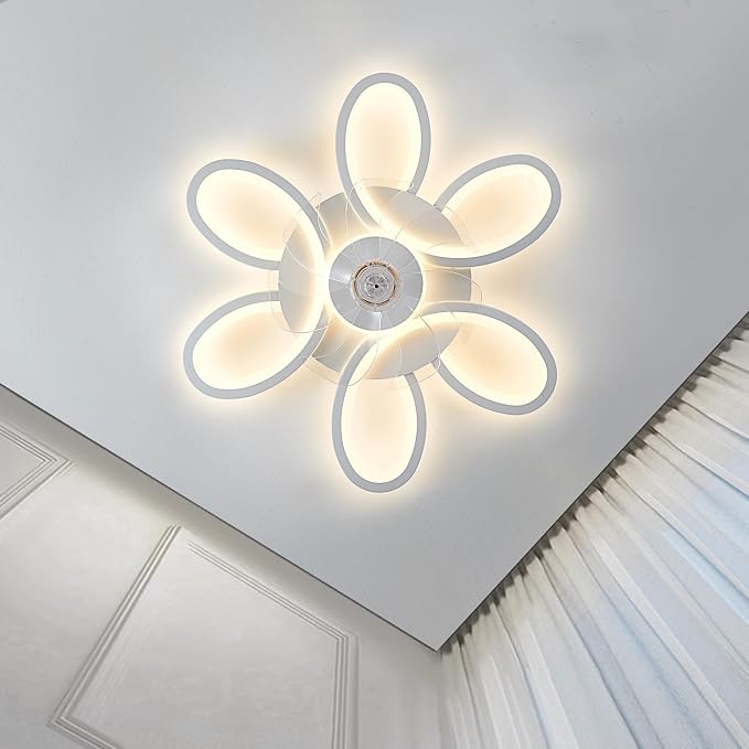 Ceiling Fans with Lights and Remote, 25 Inch Modern Low Profile Flush Mount Ceiling Fan, Dimmable LED Ceiling Light Fixture, Small Ceiling Fans for Bedroom, Kitchen, Indoor-White
