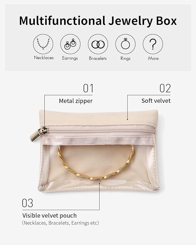 Vlando 6 Pcs Travel Jewelry Organizer Velvet Jewelry Pouch with Zipper Clear Travel Jewelry Bag for Travel Business Trip Jewelry Pouch for girls Mothers Day Gifts for Mom