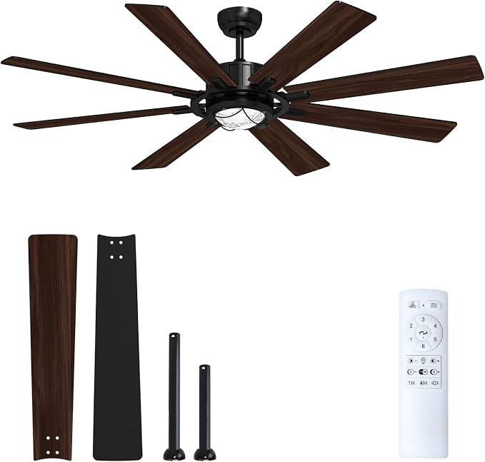 TALOYA 62 Inch Ceiling Fans with Lights and Remote Flush Mount Low Profile for Living Room Farmhouse Bedroom Patio Outdoor Dining Room,DC Motor,Reversible,Buzzer Mute,Dimmable Led Light,Rustic,Black
