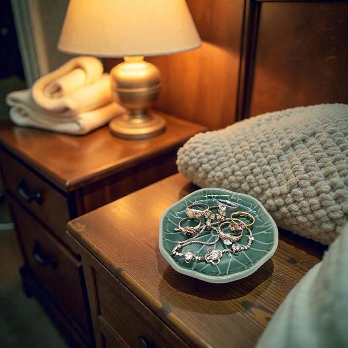 Tiny 4" Dark Green Lotus Leaf Shaped Tray - Handmade Ceramic Porcelain Decorative Plate Dish Catchall Miniature Container for Jewelry Personal Items Incense Holders Trays Décor Gifts