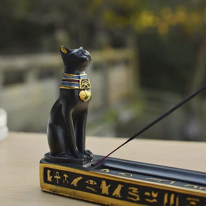 Ancient Egypt Egyptian Bastet Cat Goddess Statue Collectible Figurine Bastet Golden Incense Sticks Burner/Holder