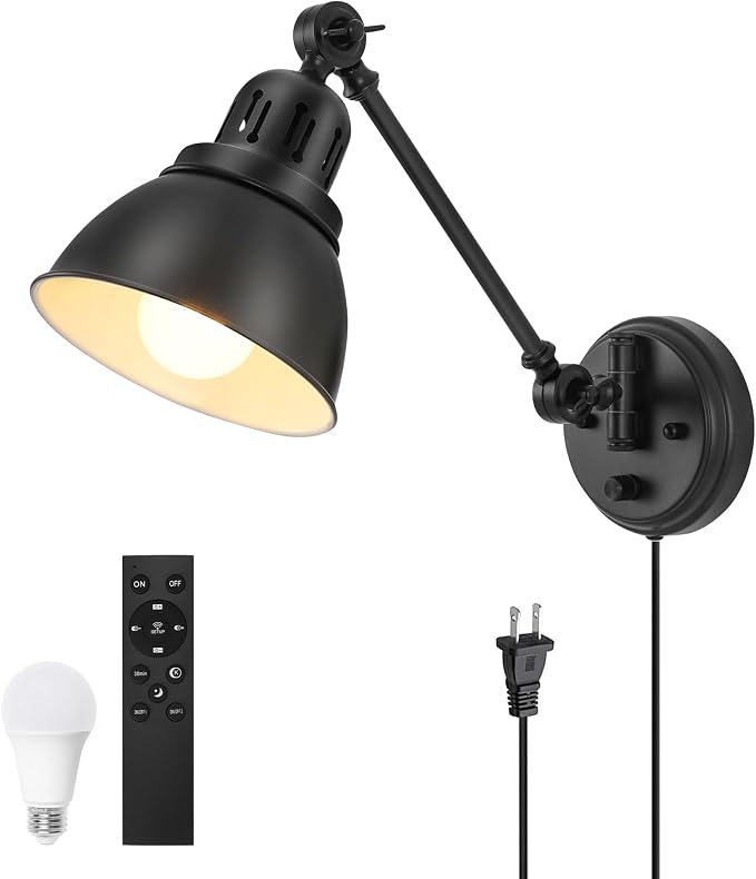 GOODATE 1 Pack Plug in Wall Sconce with Remote Control, Stepless Dimming & Stepless Colors 2700K-6500K, Plug in Wall Light, Swing Arm Wall Lamp with Night Light & Timer, LED Bulb Included
