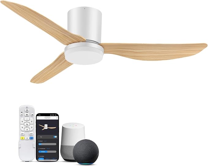 42 Inch Smart Ceiling Fans with Lights Remote,Low Profile Ceiling Fan Control with WIFI Voice Alexa App,Modern Flush Mount Fan for Small Bedroom,Patio,Porch,Outdoor Indoor,White& Wood,Quiet DC Motor