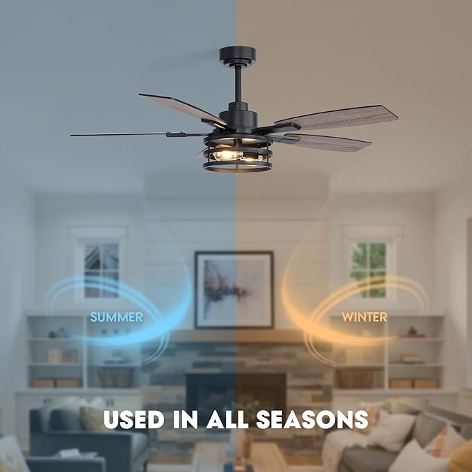 52 Inch Ceiling Fans with Lights and Remote Control, Farmhouse Ceiling Fan for Bedroom Living Room and Patio, Black Caged Ceiling Fan for Indoor and Outdoor