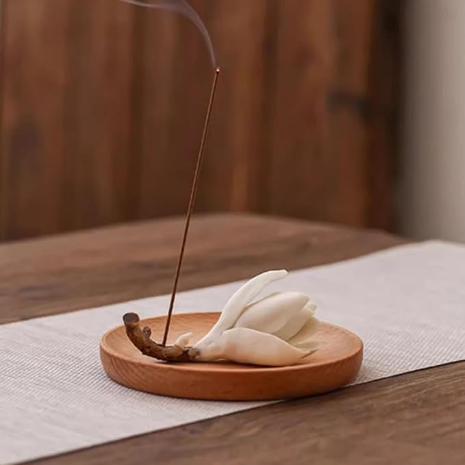 WAYUTO Vivid Magnolia Flower Incense Holder with Wood Tray Ceramic Incense Burner Decorative Incense Stick Burner Ash Catcher for Home Decoration