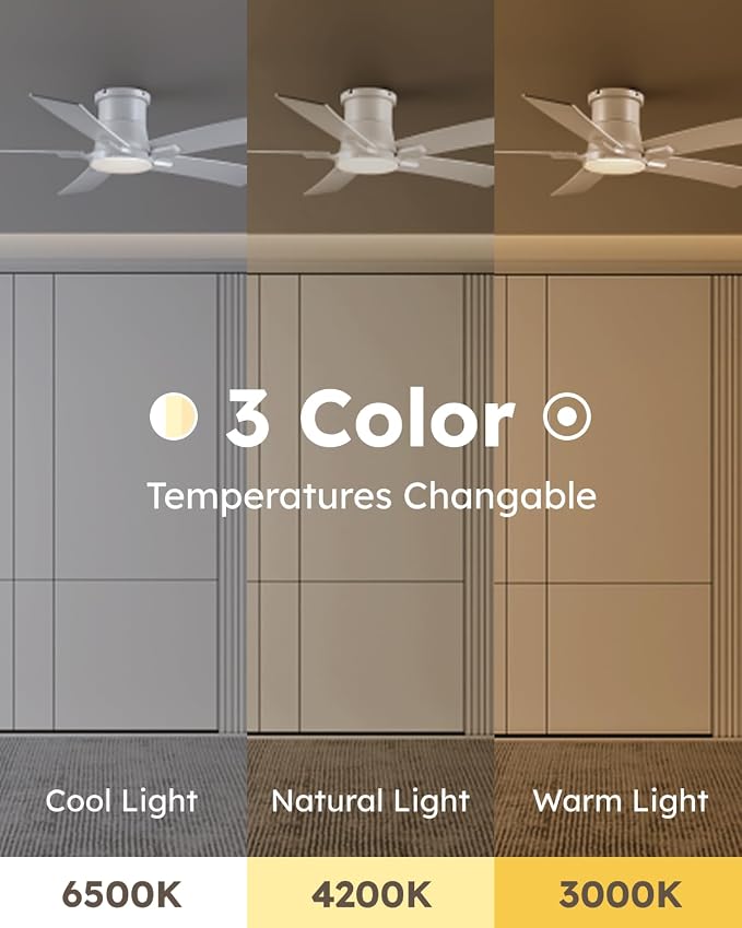 52 Inch White Flush Mount Ceiling Fans with Lights and Remote | 3CCT Dimmable LED, 6 Speed, Quiet DC Motor, 3-Level Timer Function, Forward/Reserve For all Seasons, Indoor/Covered Outdoor