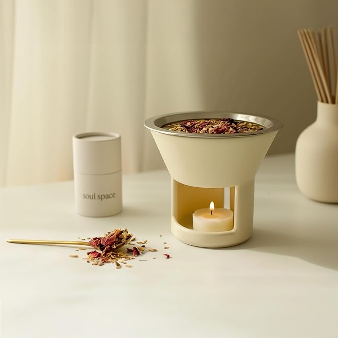 Soul Space Non Toxic Incense Holder/Burner & Incense Blends Starter Bundle| Scent Not Smoke: Zero Ash, Pure Aroma, Low-Smoke - Perfect for Heating Natural and Organic Incense | Color: Cream