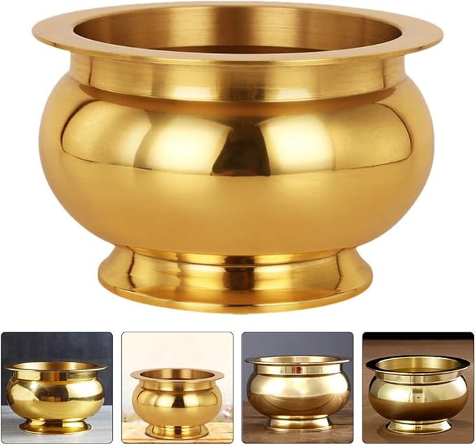 VALICLUD Copper Incense Burner Offering Bowl Bowl Incense Sticks Holder Chinese Asian Style Cone Incense Ash Catcher for Altar Use Rituals Incense Smudging Decoration and More (Golden)