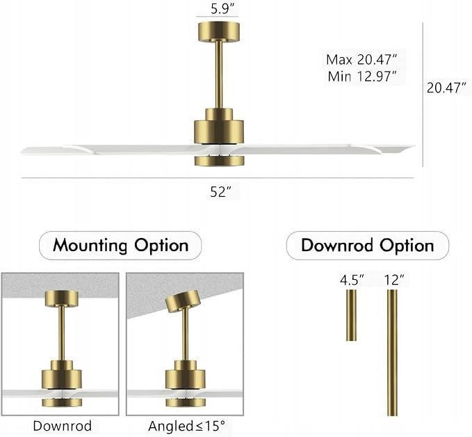 ELEHINSER 52" Modern Ceiling Fan with Lights and Remote Control, 5 Solid Wood Blades 6-Speed Noiseless Reversible DC Motor, Ceiling Fan for Bedroom Dinning Living Room, Gold Finish with White Blade