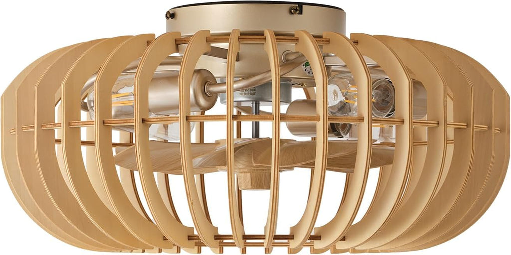 20" Wood Ceiling Fans with Lights Flush Mount, Caged Boho Ceiling Fan with Light Remote Control, Wooden Low Profile for Bedroom, Living Room, Nursery