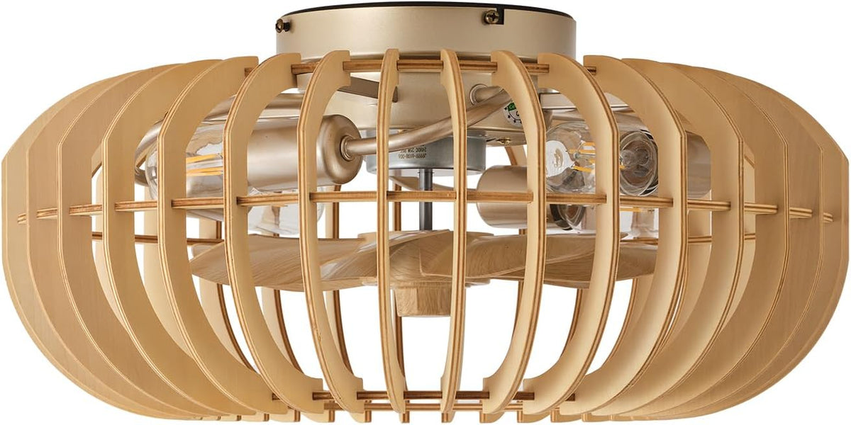 20" Wood Ceiling Fans with Lights Flush Mount, Caged Boho Ceiling Fan with Light Remote Control, Wooden Low Profile for Bedroom, Living Room, Nursery