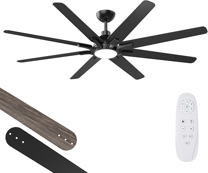 62 Inch Ceiling Fan with Light and Remote Control, Black | 6-Speed Quiet Reversible DC Motor, 3CCT Dimmable 24W LED Light,8 Wood Blades,Used for Living Room, Office,Covered Patio