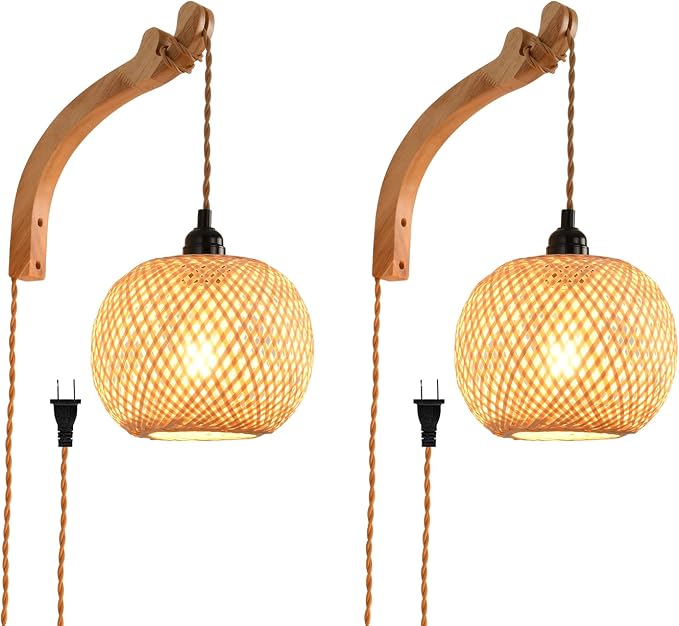 Plug in Wall Sconce,Farmhouse Wicker Wall Lamp Plug in,Hand Woven Rattan Wall Light Farmhouse Rustic Boho Sconces Wall Lighting for Living Room Bedroom