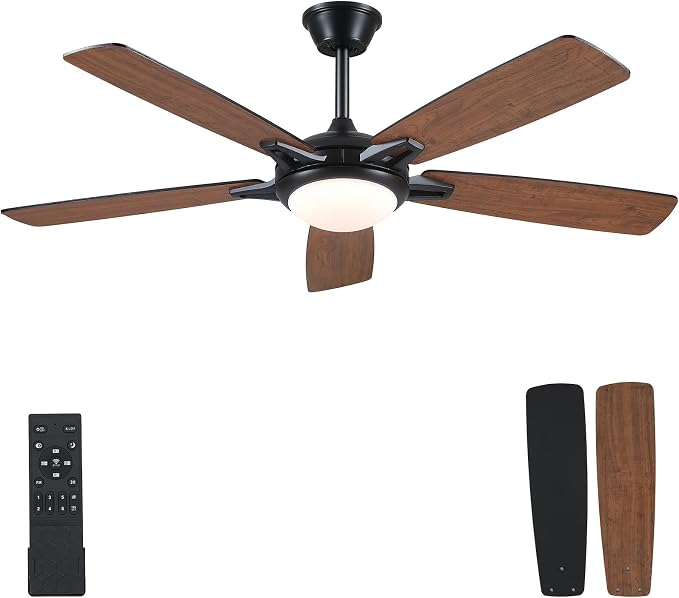 Kviflon 52 Inch Ceiling Fans with Lights and Remote, Modern Indoor Outdoor Ceiling Fan for Bedroom Living Room Patio Porch, 6 Speeds, Reversible Quiet Motor, Dual Finish Wooden Blades, Brown