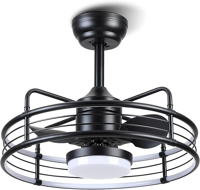 SHIHOT 20" Caged Ceiling Fans with Lights - Bladeless Black Ceiling Fans with Remote, Reversible and Dimmable,Industrial Ceiling Fans with 6-Speed for Bedroom Kitchen