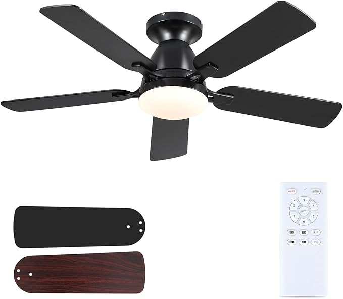 46 Inch Ceiling Fans with Lights and Remote, Flush Mount, Black | Low Profile, Dimmable LED, Reversible, Quiet DC Motor, Wooden Blades, for Modern Apartment Bedroom Home Office Living Room