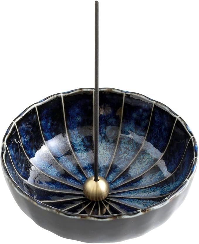 Asayu Japan Low Smoke Incense Gift Set with Incense Holder and Brass Stand, Premium Yoga Set (Lotus & Sandalwood) Incense Sticks with Navy Blue Lotus Holder
